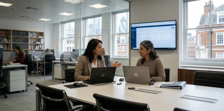 Two female colleagues discussing data on laptops in a modern London corporate office.