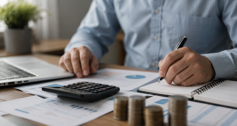 UK founder reviewing employee cost breakdown with calculator and financial reports in office workspace